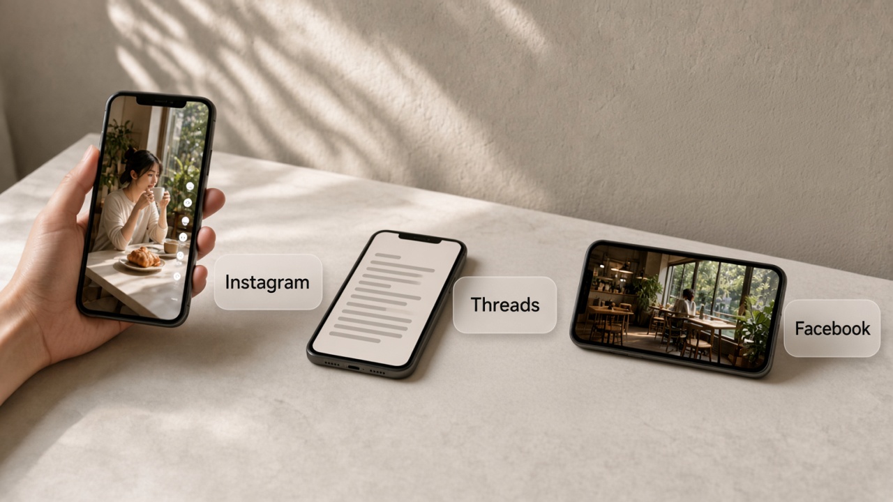 直式手機是 Instagram 短影音,中間手機是 Threads 文字貼文,橫式手機是 Facebook 影片